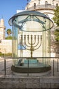 The Golden Menorah in the HaHurva square in front of the Hurva Synagogue early morning in the Jewish quarter in the Old City of Je
