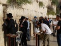 Numerous Hebrews praying at the Wailing Wall in the city of Jerusalem, Israel