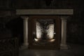 JERUSALEM, ISRAEL - August 25 2018: A shattered column at the entrance to the Church of the Holy Sepulchre. Israel, Jerusalem.