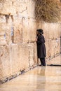 11/23/2018 Jerusalem, Israel, Believing is praying near the wall of crying in a big black hat