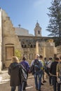 JERUSALEM, ISRAEL - January 30, 2020; The gothic corridor of atrium in Church of the Pater Noster on Mount of Olives. Israel