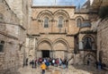 Jerusalem, Israel, January 30, 2020: Part facade of the Church of the Holy Sepulchre in Jerusalem
