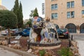 The decorative lion sculpture on King David Street in the light of the rays of the setting sun in the Mamila quarter in Jerusalem Royalty Free Stock Photo