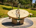 Jerusalem, Israel - June 12, 2021: Sundial sculpture by Maty Grunberg in Teddy Park in Jerusalem