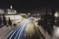 . Long exposure of vehicles on the main road near the walls of the Old City of Jerusalem, against the background of the Tower of D Royalty Free Stock Photo