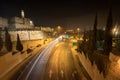 Long exposure of vehicles on the main road near the walls of the Old City of Jerusalem, against the background of the Tower of Dav Royalty Free Stock Photo