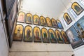 Icons of Orthodox saints and the righteous hang in Alexander Nevsky church in Jerusalem, Israel