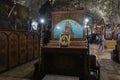 Place for prayer with the icon of Jesus Christ in the interior of the Tomb of the Virgin on foot of the mountain Mount Eleon - Royalty Free Stock Photo