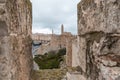 View through the loophole in the city fortress wall at the Tower of David near the Jaffa Gate in old city of Jerusalem, Israel Royalty Free Stock Photo