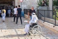 An elderly Muslim Arab sits near the Damascus Gate and begs for alms in the Muslim part of the old city of Jerusalem, Israel