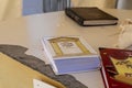 The holy books of Jews, Sidur, lie on a table near the Western Wall in the old city. of Jerusalem in Israel