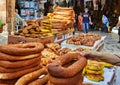 An open air market stall with pita breads in the Christian quarter of Old Jerusalem, Israel. Also known as the Muristan