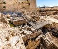 Western Wall excavation with south-western corner of Temple Mount walls with Robinson`s Arch in Jerusalem Old City in Israel