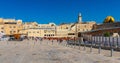 Panoramic view of Western Wall Plaza square beside Holy Temple Mount with Dome of the Rock shrine and Bab al-Silsila minaret in Royalty Free Stock Photo