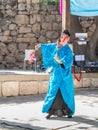 Dancer in national Japanese attire dancing Japanese dance at the annual festival `Jerusalem Knights`