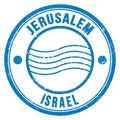 JERUSALEM - ISRAEL, words written on light blue postal stamp