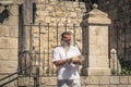 Jerusalem - October 04, 2018: Christian preacher at the Jaffa Gate of the old City of Jerusalem, Israel