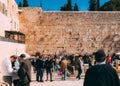 Jerusalem western wall with people. Cityscape image of Jerusalem. View of prayers, wishes and prays.