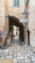 Jerusalem white stone house on narrow street of Old Yafo Jaffa. Tel Aviv, Israel.