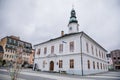Jesenik, Moravia, Czech Republic, 15 April 2022: Town hall with small clock tower at main Masaryk Square, spa city at spring day,