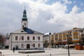 Jesenik, Moravia, Czech Republic, 15 April 2022: Town hall with small clock tower at main Masaryk Square, spa city at spring sunny