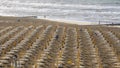 Jesolo, Italy. Beach umbrellas and sun beds at Italian sandy beach. Raws of Yellow and white umbrellas. Aerial view at sunrise