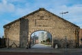 Jesse Hartley`s stone arch entrance to the Albert Dock in Liverpool, view on the LiverpoolÃ¢â¬â¢s center