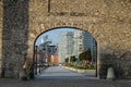 Jesse Hartley`s stone arch entrance to the Albert Dock in Liverpool, view on the LiverpoolÃ¢â¬â¢s center