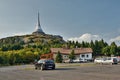 Jested, Czech republic - August 21, 2018: parked cars under transceiver named Jested near Liberec city at summer evening sunset 50