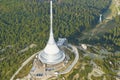 Close up aerial view of Jested tower transmitter near Liberec in Czechia