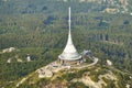Close up aerial view of Jested tower transmitter near Liberec in Czechia Royalty Free Stock Photo