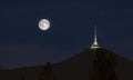 Jested lookout tower, night view with full moon. Liberec, Bohemia, Czech Republic Royalty Free Stock Photo