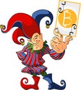 Jester holding a winning bitcoin joker card.