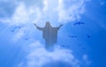 Jesus appeared bright in the sky and Christian Cross with soft fluffy clouds, white and beautiful with the light shining as hope, Royalty Free Stock Photo