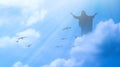 Jesus appeared bright in the sky and Christian Cross with soft fluffy clouds, white and beautiful with the light shining as hope, Royalty Free Stock Photo