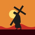 Jesus carrying the cross on his shoulders at sunset Royalty Free Stock Photo