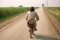 Jesus christ on bike driving alone back view, created with Generative AI technology