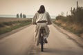 Jesus christ on bike driving alone back view, created with Generative AI technology