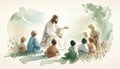 Jesus Christ Blesses Little Children. Watercolor Biblical Illustration