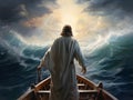 Jesus Christ on the boat calms the storm at sea