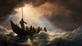 Jesus Christ on the boat calms the storm at sea