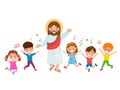 Jesus Christ and children sing songs and rejoice. Sunday school for kids