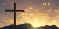 Jesus Christ christian crucifix or cross backlit from sunset or sunrise sky with clouds, god, resurrection or christianity concept Royalty Free Stock Photo