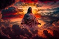 Jesus Christ close up portrait in the dramatic sunset sky