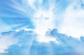 Jesus Christ In The Clouds Of Heaven blue sky background Royalty Free Stock Photo