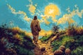 Jesus Christ Contemplating the Path Ahead Under a Golden Sky