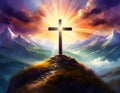 Jesus Christ cross on the hill. Easter holiday concept, Christian background, resurrection Royalty Free Stock Photo