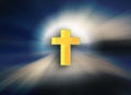 Jesus Christ cross on a sky with dramatic light, clouds, sunbeams. Easter, resurrection, risen Jesus concept Royalty Free Stock Photo