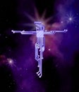 Outer space violet and purple background.The cross of Jesus Christ in the style of circut electrical diagram. Royalty Free Stock Photo