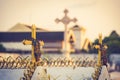 Jesus Christ cross. The Crucifixion, Resurrection and Easter concept. The Christian cross with a sunset scene in warm tone Royalty Free Stock Photo